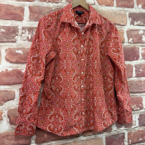 Lands End Top Shirt Womens 10 Pink Multicolor Boho Floral Abstract Button Front - Picture 2 of 9
